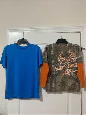 Boys Realtree Camo Tee with Orange Sleeves and Blue Short Sleeve Tee